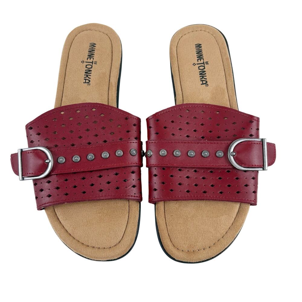 Minnetonka Glynis Red Leather Slip On Sandals Size 8